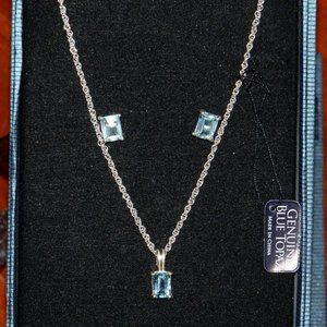 Sterling Silver 925 Genuine Blue Topaz Set Necklace & Earrings
